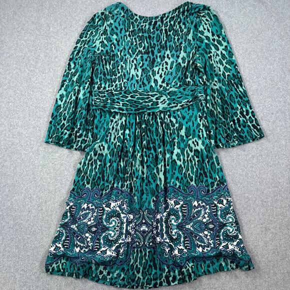 SOMA Kimono Animal Print Knit Dress Women's Large Green V-Neck Gathered Waist - Picture 8 of 8